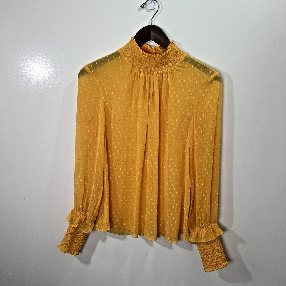 English Factory Women’s Blouse Size XS Yellow Marigold Sheer Smocked Ruffle Dots